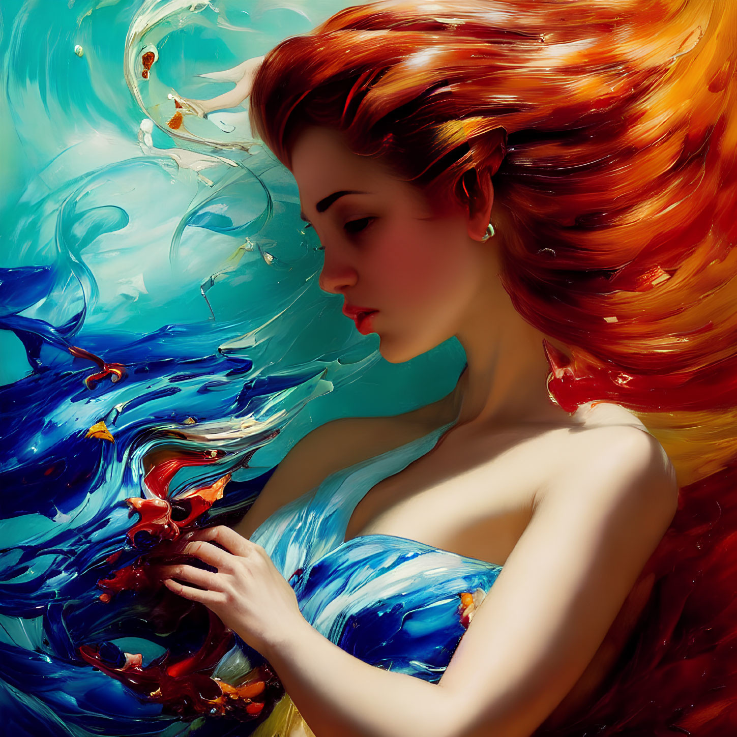 Woman's Side Profile with Flowing Red Hair in Blue and Gold Abstract Swirl