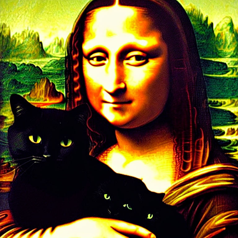 Famous painting with Mona Lisa holding a black cat