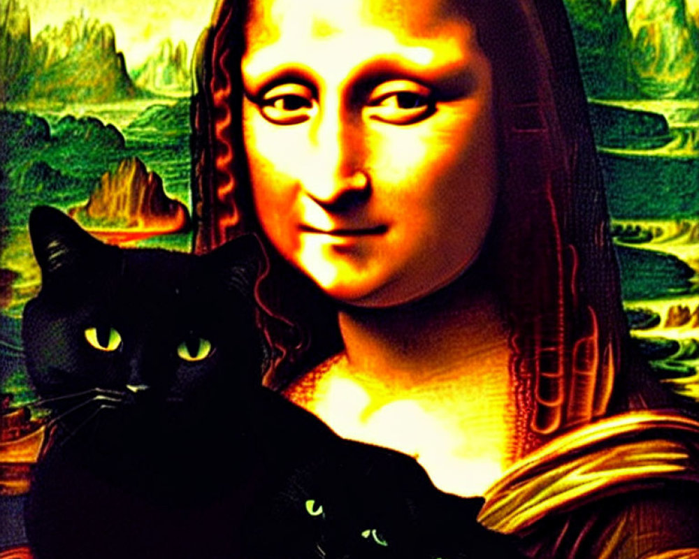 Famous painting with Mona Lisa holding a black cat