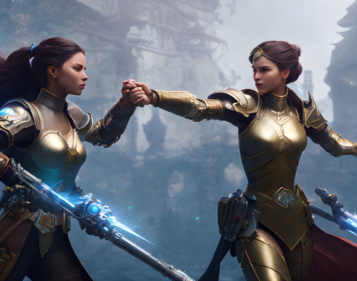 Futuristic female warriors with glowing blue swords in misty setting