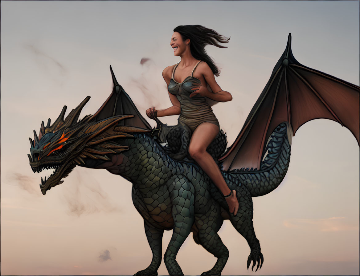 Woman riding large dragon in twilight sky