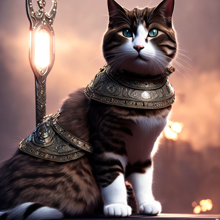 Majestic tabby cat in golden armor with glowing staff at sunset