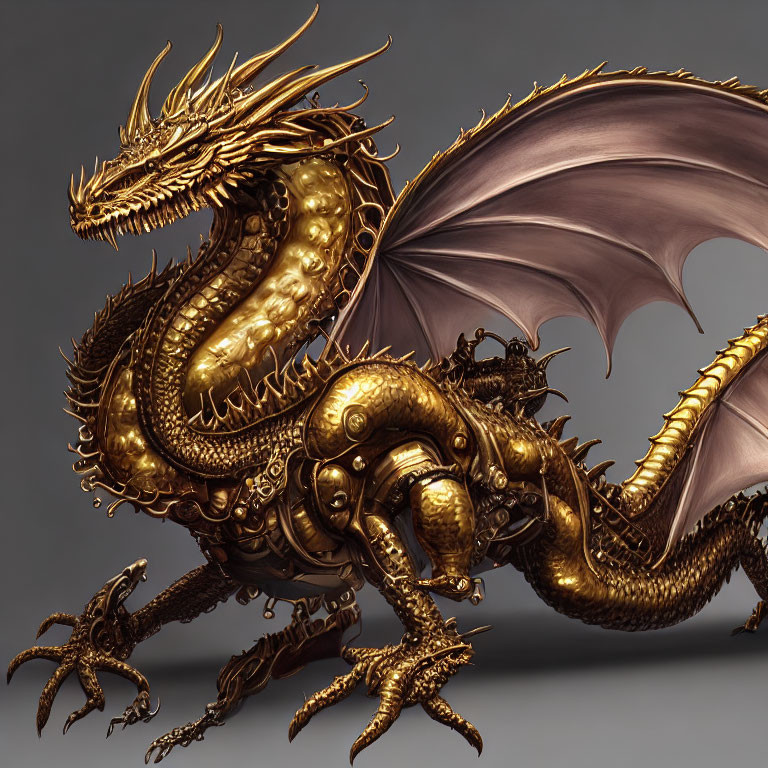 Detailed image of majestic golden dragon with intricate scales, long horns, and expansive wings on grey background