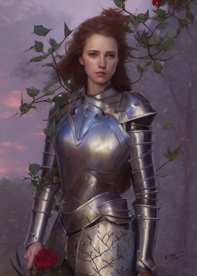 Red-haired woman in medieval plate armor with red rose among rose bushes