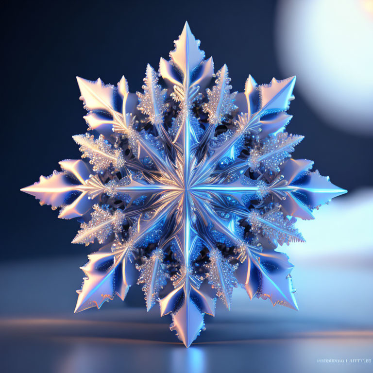 Detailed Symmetrical Blue & White Fractal Snowflake on Blurry Blue Background