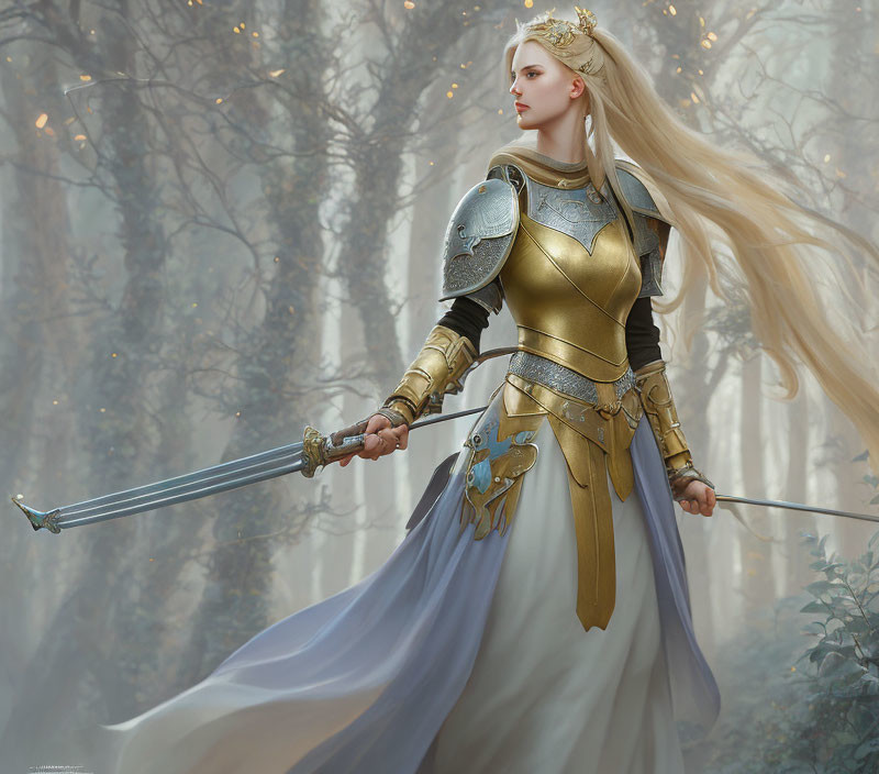 Regal warrior in gold-and-silver armor with drawn sword in magical forest