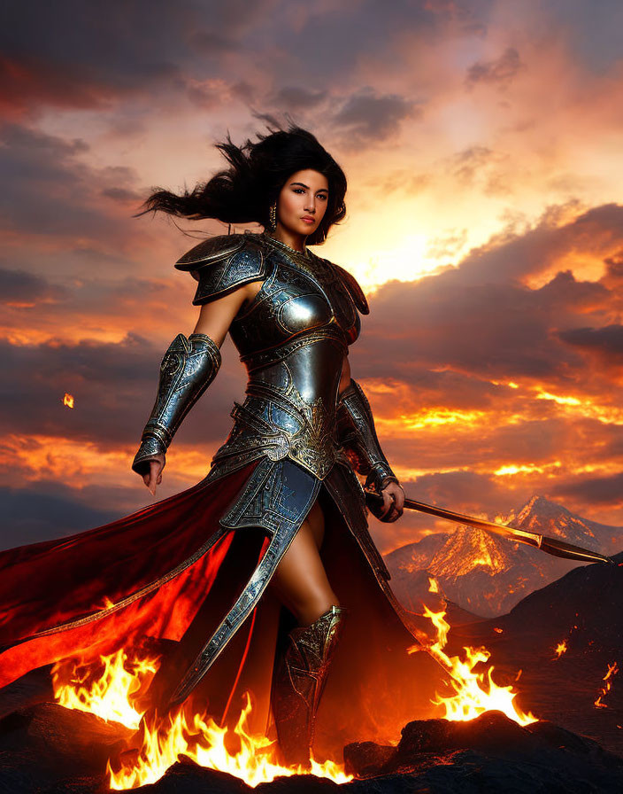 Female warrior in ornate armor in fiery volcanic landscape