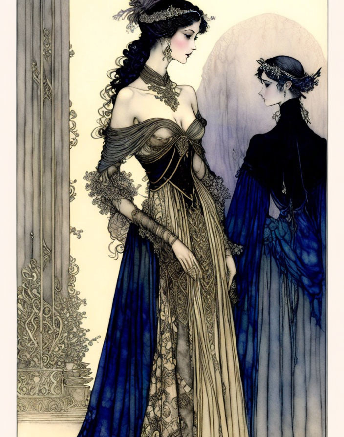 Art Nouveau illustration of two women in vintage attire with lace and beadwork on ornate background