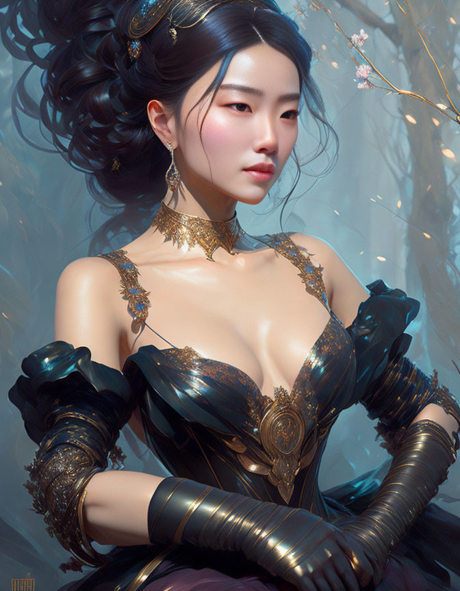 Ethereal woman in golden jewelry and black outfit among blossoming branches