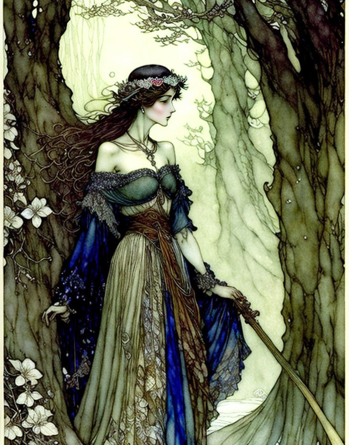 Illustrated maiden with flowing brown hair in blue and gray gown among trees with staff.