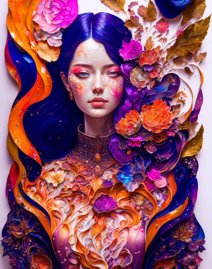 Colorful Woman with Flowers and Blue Hair in Fantastical Flora