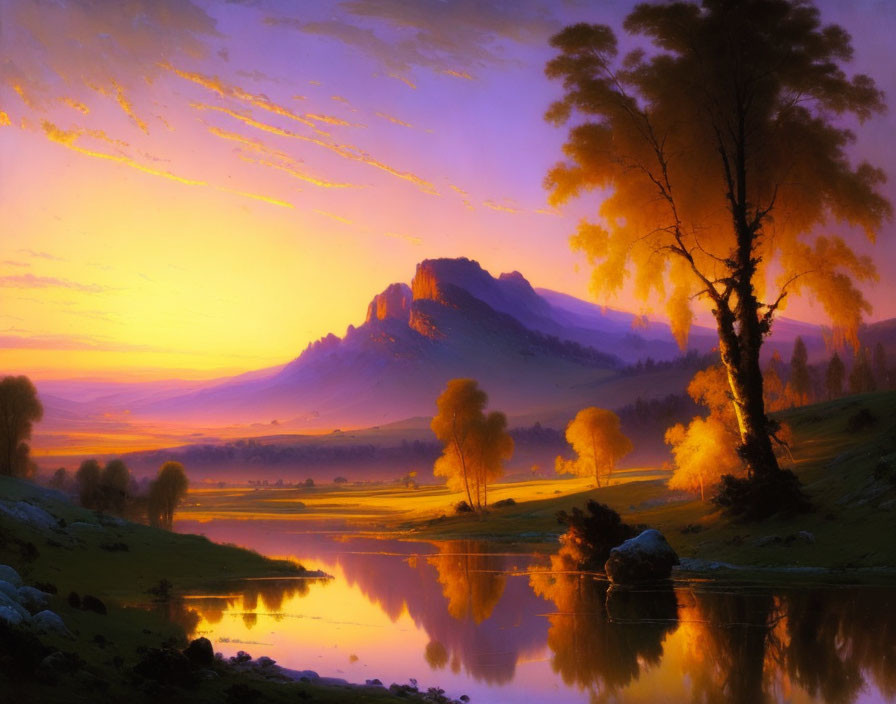 Tranquil sunset landscape with reflective river and silhouetted trees