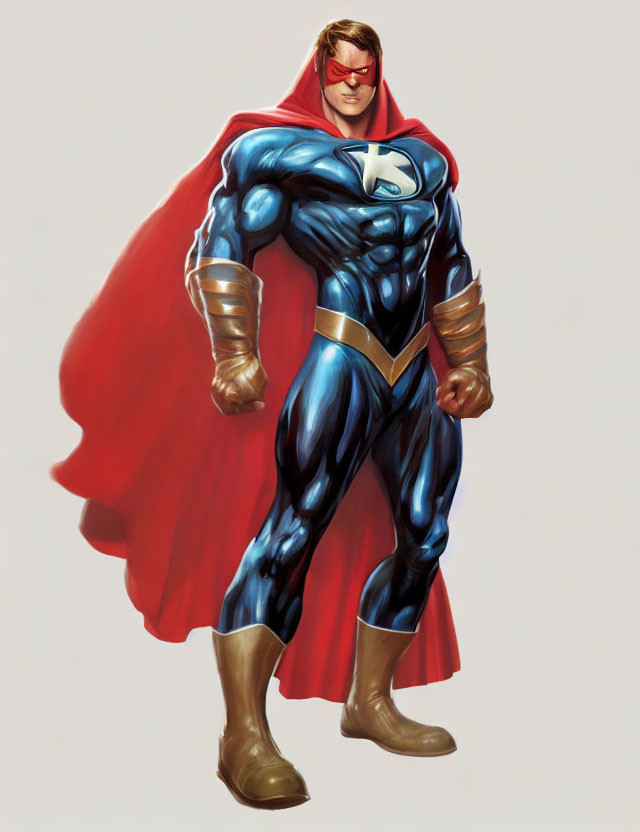 Muscular superhero in blue suit with gold accents and red cape poses confidently