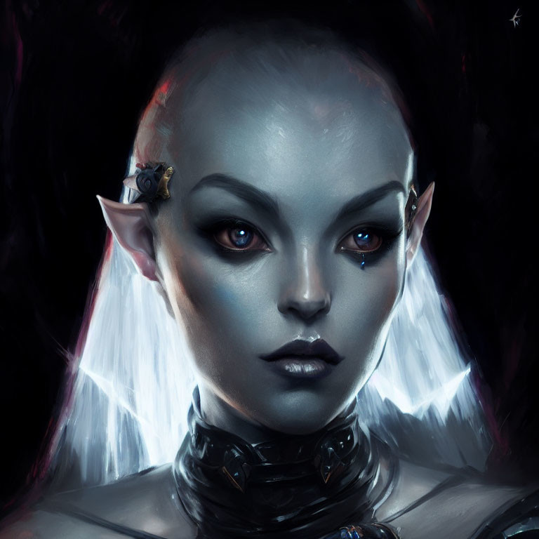 Fantasy portrait of female with sharp ears and pale blue skin