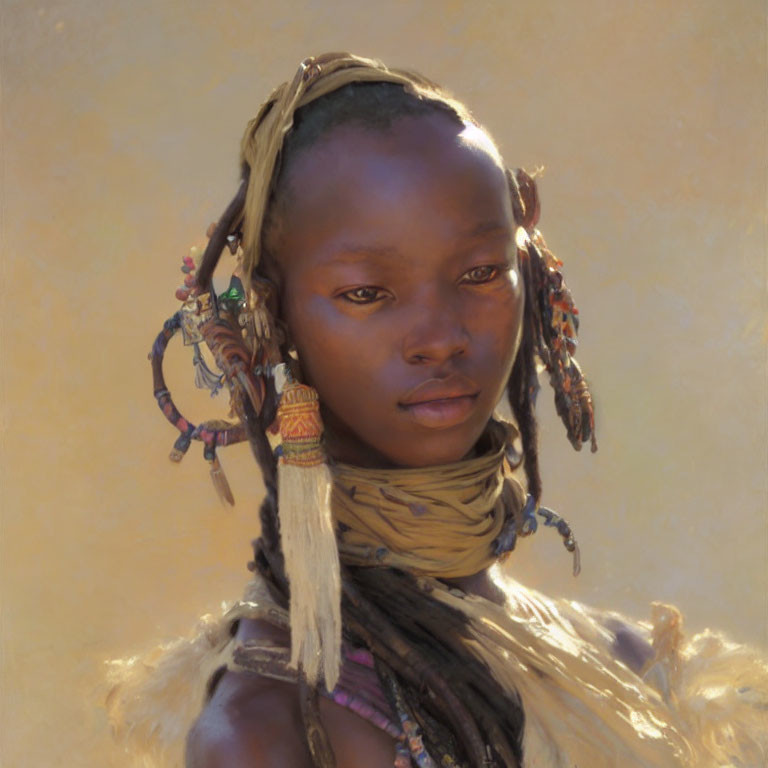 Young woman with beaded hair decorations and yellow scarf in traditional attire on golden background