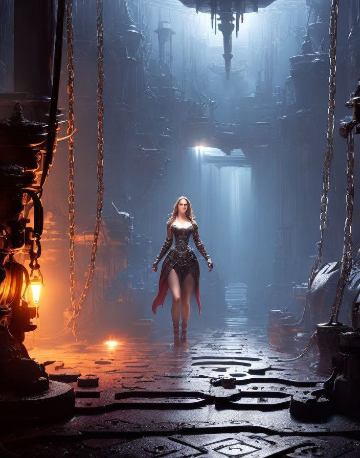 Woman walking confidently in dimly lit fantasy hall with heavy chains, lanterns, and distant waterfall.