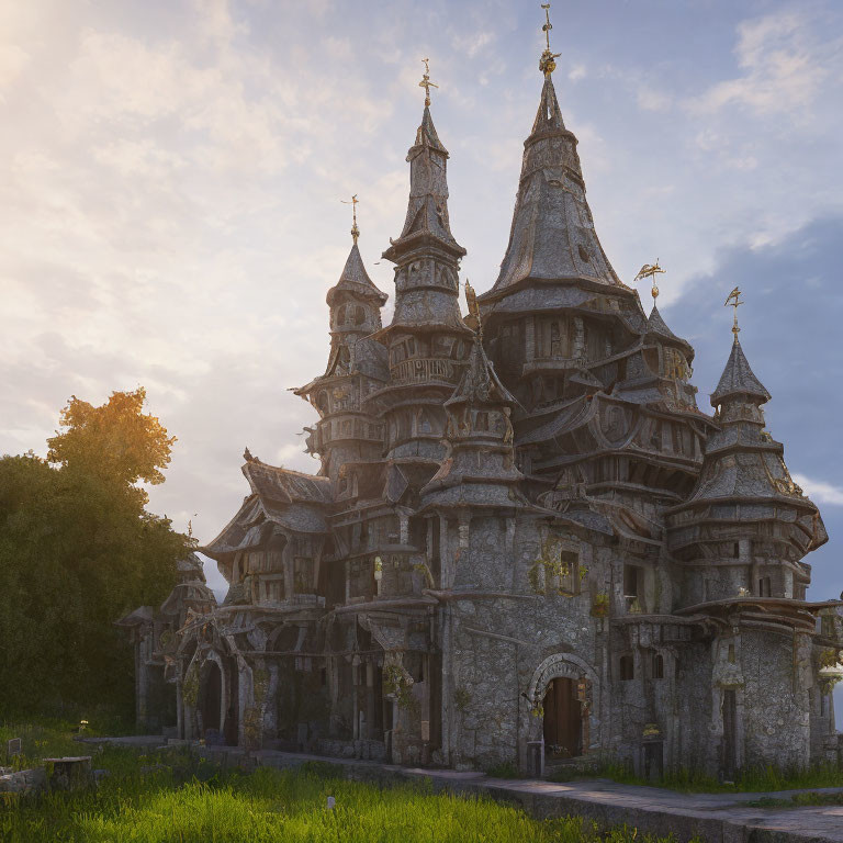 Wooden church with multiple spires in sunset setting surrounded by greenery