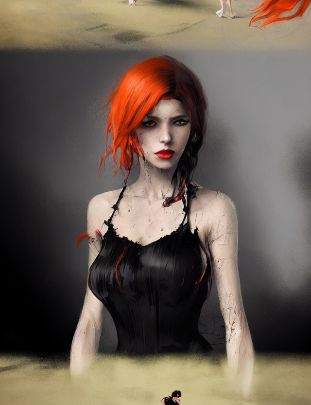 Illustrated female figure with red hair and black dress on misty background