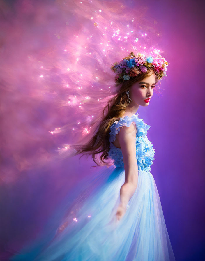 Woman in floral crown and flowing dress on purple backdrop with glowing lights.