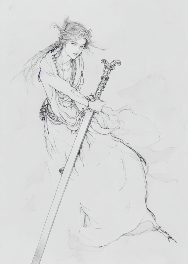 Detailed sketch of an ethereal figure with long hair and ornate sword