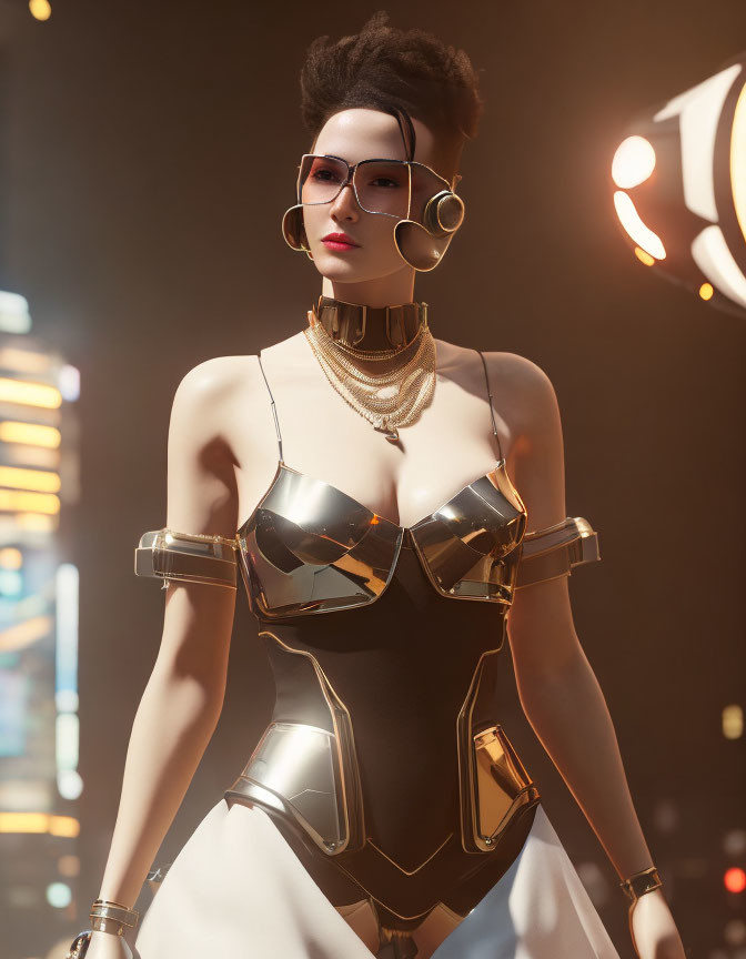 Futuristic digital artwork of a woman in avant-garde attire