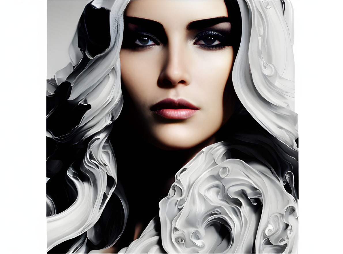 Portrait of woman with dark eye makeup, white hair, and black headpiece on light background