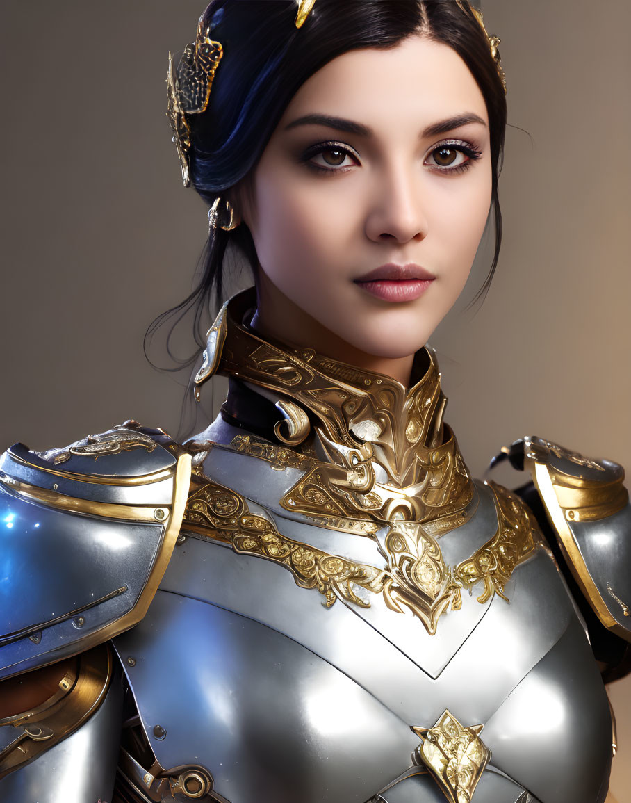 Regal woman in ornate silver and gold armor with crown and styled hair