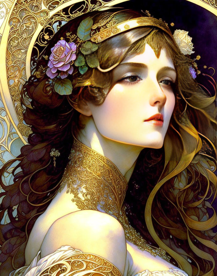 Detailed Stylized Portrait of Woman with Flowing Hair and Gold Accents