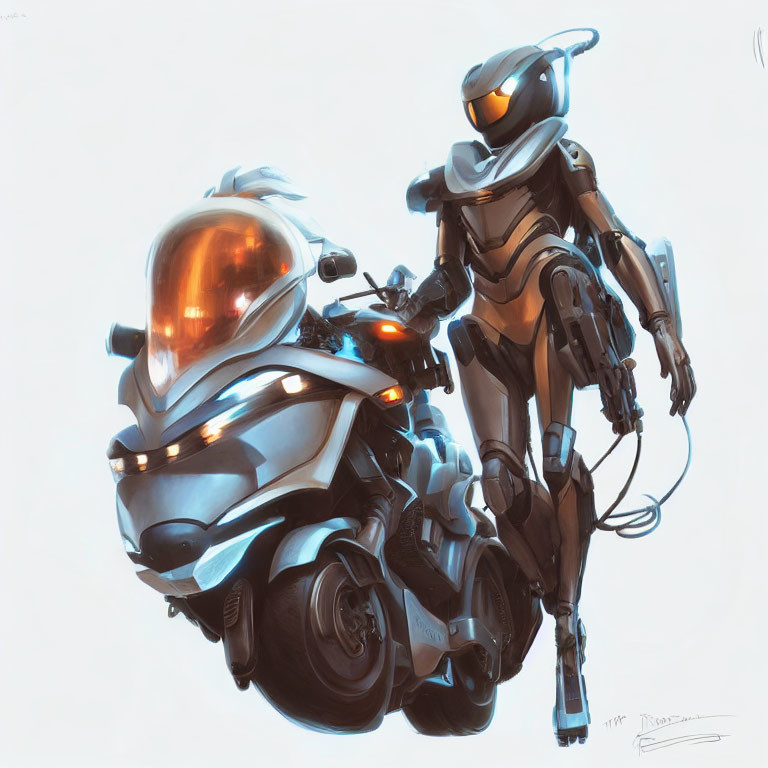 Futuristic robot in sleek armor beside advanced motorbike in cool tones