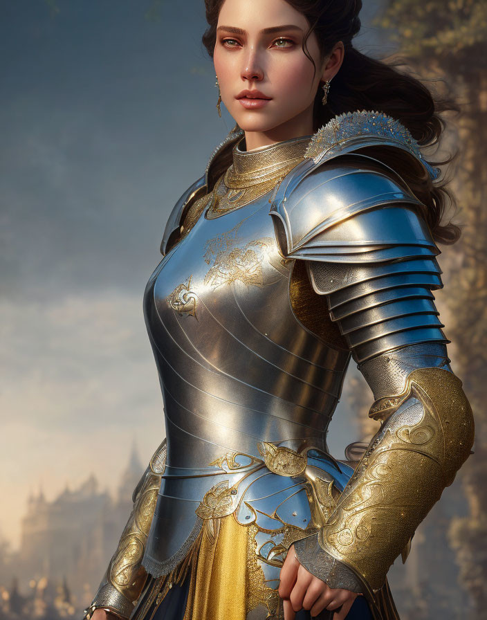 Warrior woman in medieval armor with castle backdrop