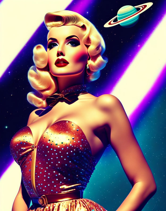 Retro-futuristic artwork: Stylized woman with 1950s look and cosmic planet