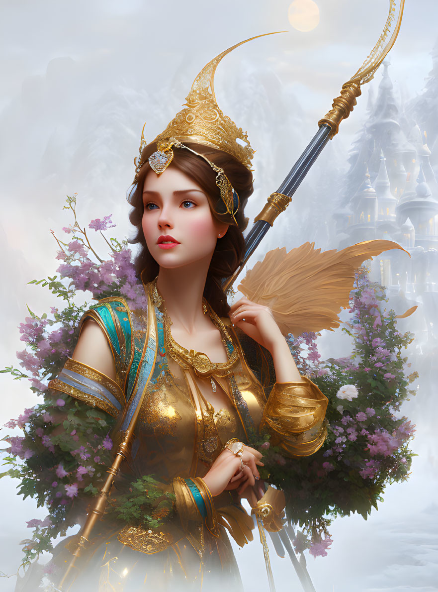 Golden-armored woman with staff in mystical castle setting surrounded by flowers