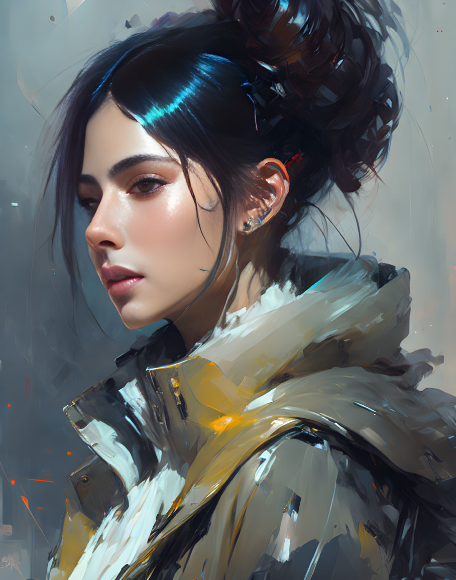 Digital portrait of woman with high bun and modern jacket showcasing striking highlights and shadows