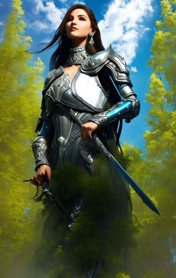 Female warrior digital artwork in ornate armor with sword in forest setting