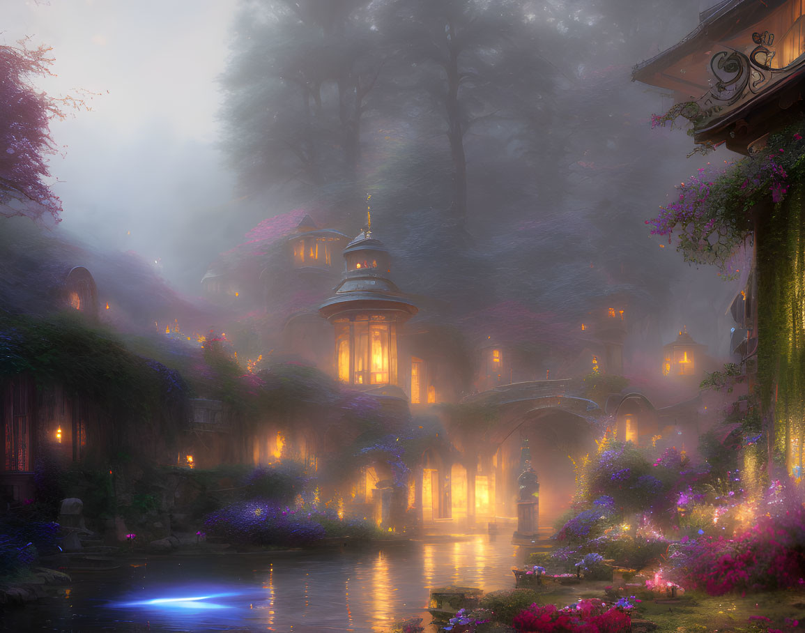 Magical fantasy village with glowing lanterns, misty ambiance, and whimsical architecture nestled in nature