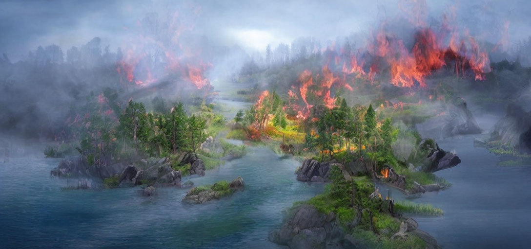 Ethereal misty landscape with rocky islands, greenery, and wildfires in blue waters