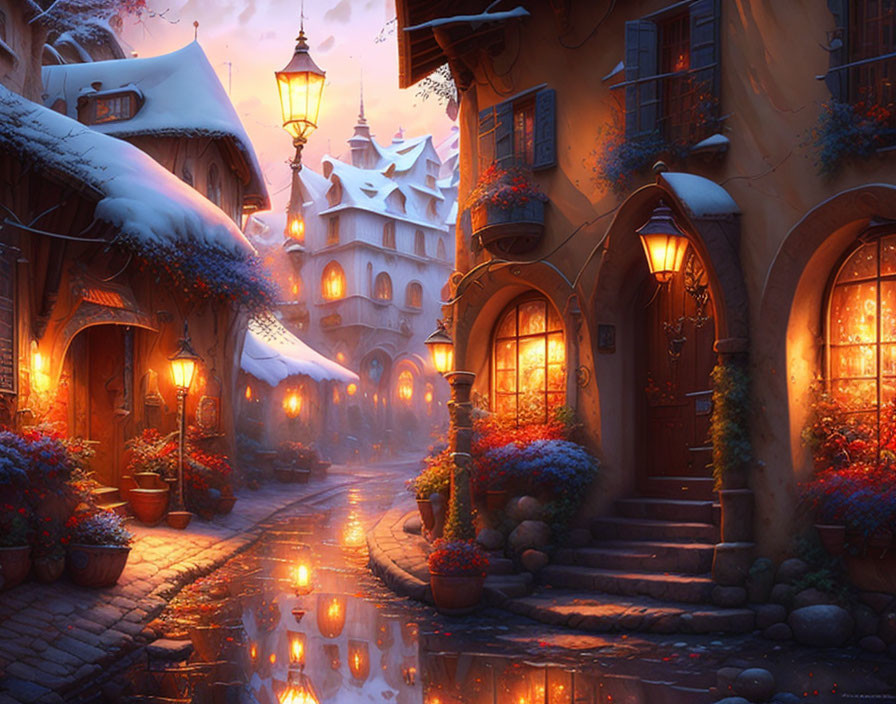 Snowy village at dusk: warmly lit street lamps, cobblestones, snow-capped roofs,