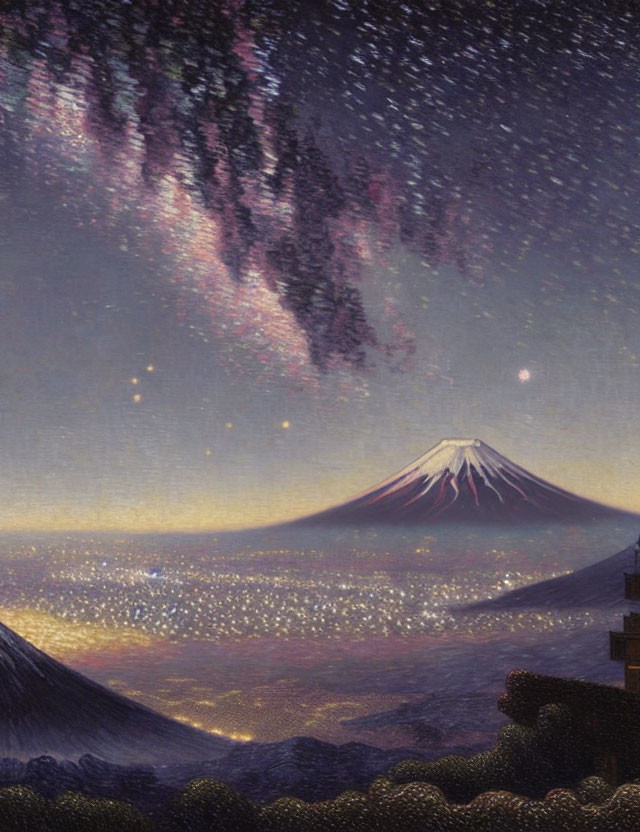 Surreal volcano landscape with city under starry sky and cosmic vista