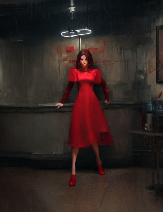 Woman in Red Dress Standing in Moody Room with Abstract Art