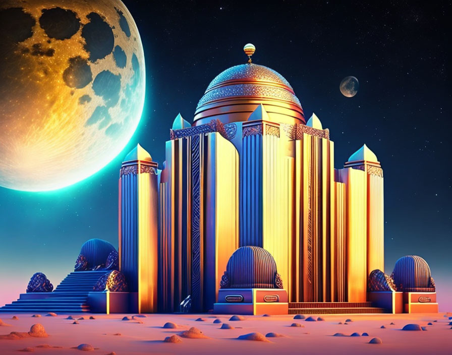 Fantasy palace with golden and blue hues under a night sky