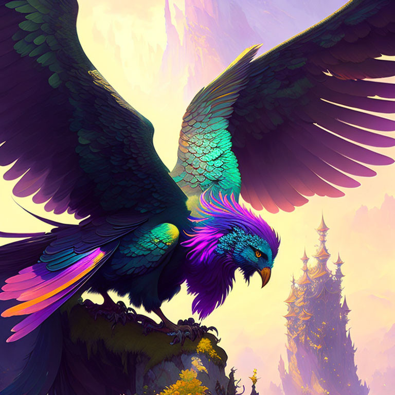 Colorful fantastical bird soaring over mystical landscape with towering spires