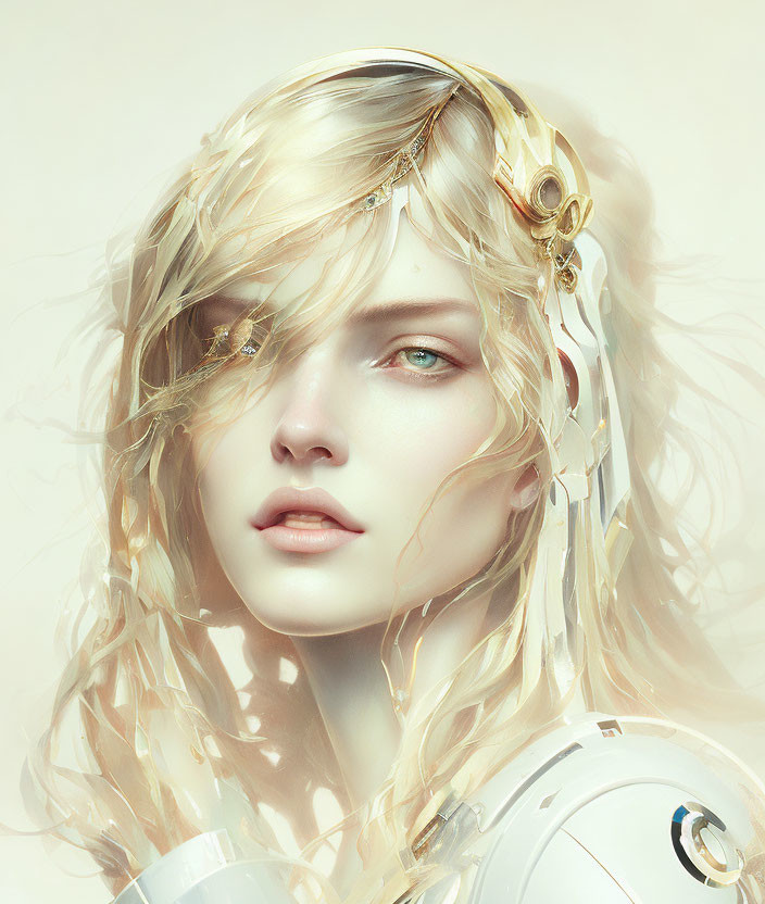 Golden-haired woman with green eyes in futuristic digital art.