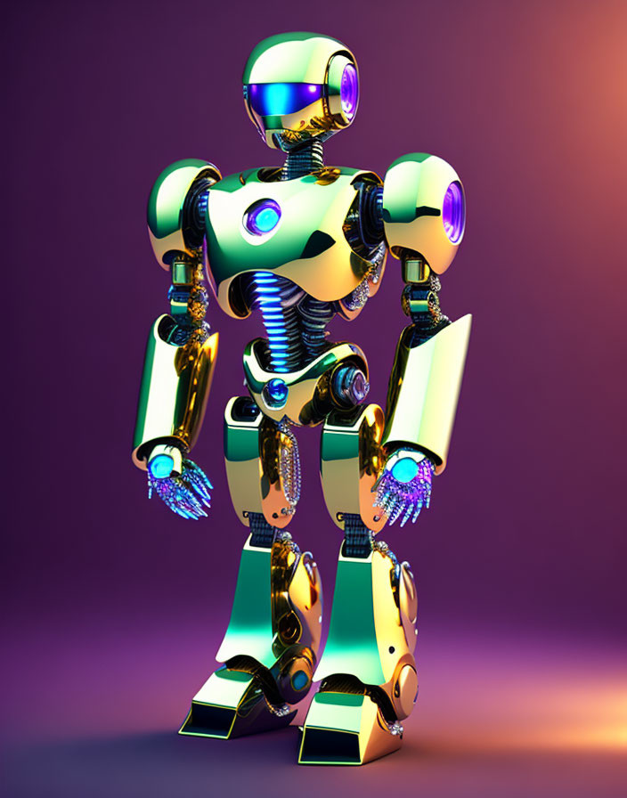Colorful humanoid robot with gold and white plating on purple background