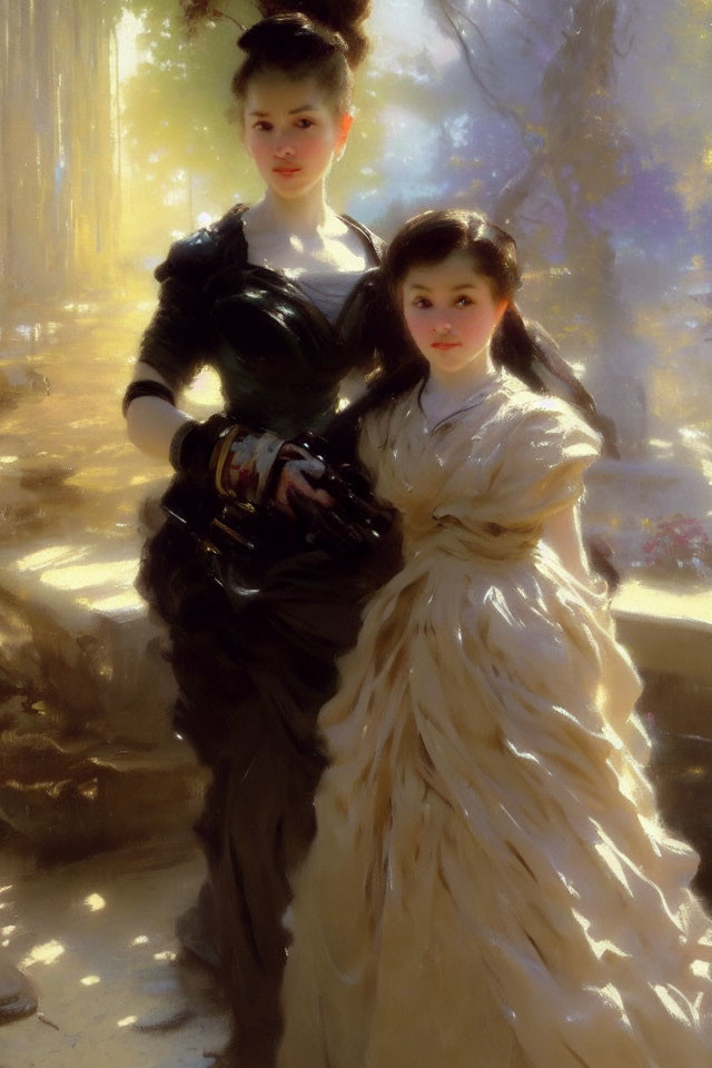 Two women in vintage dresses in sunlit forest: one in black with fan, other in white p