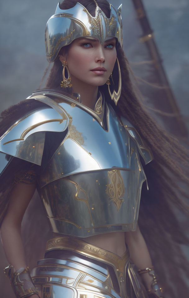 Warrior woman in silver and gold armor with blue eyes