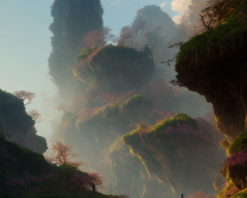 Mystical landscape with towering rock formations and pink blossoms in misty setting.