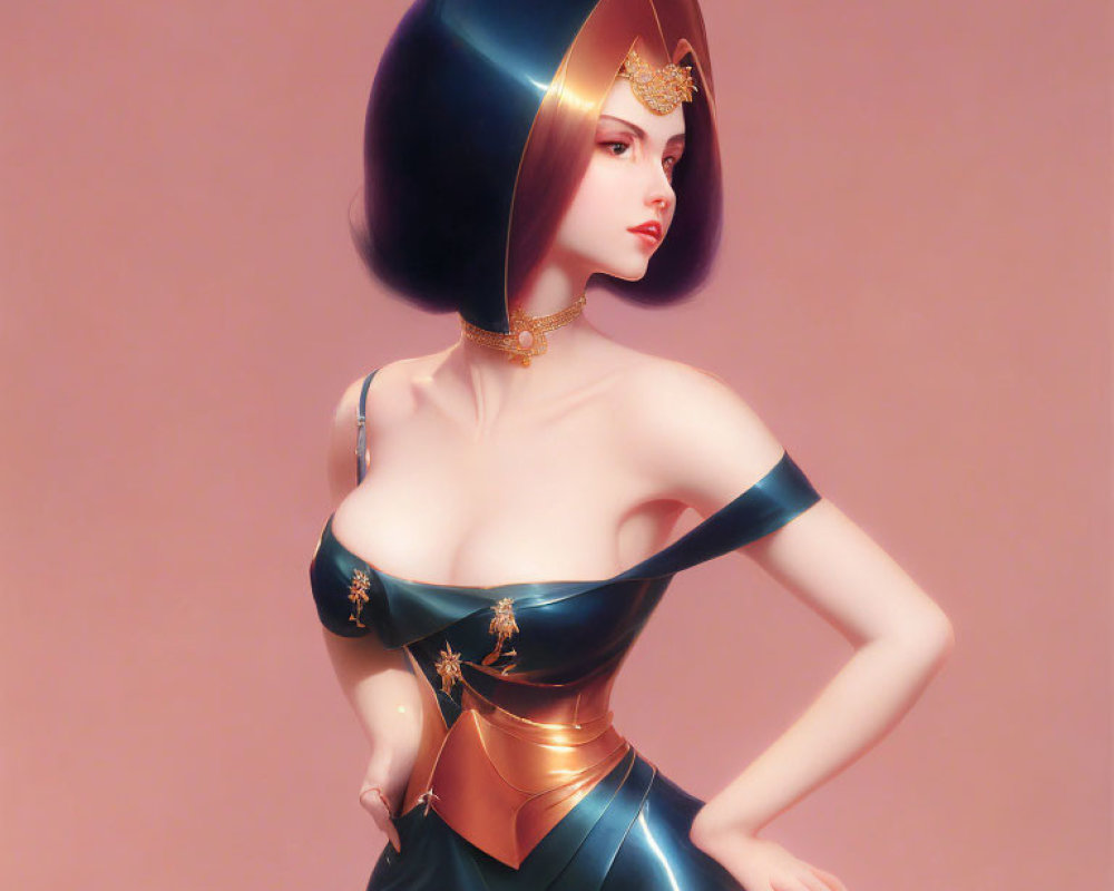 Stylized digital illustration of woman with sleek bob haircut in futuristic gold and teal outfit.