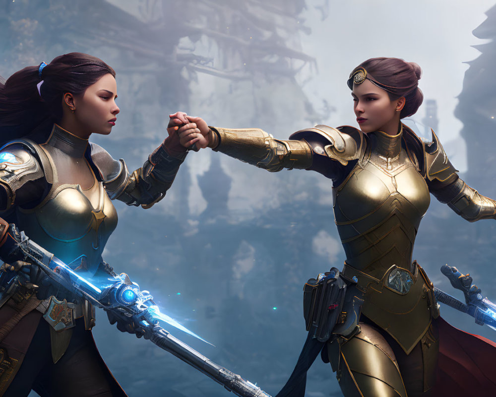 Futuristic female warriors with glowing blue swords in misty setting