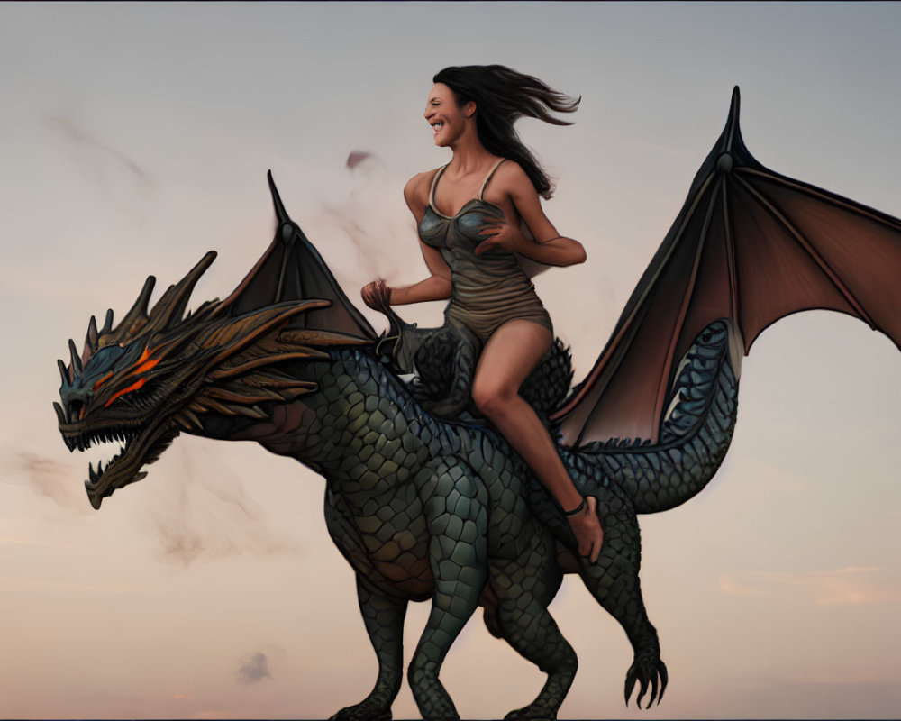 Woman riding large dragon in twilight sky