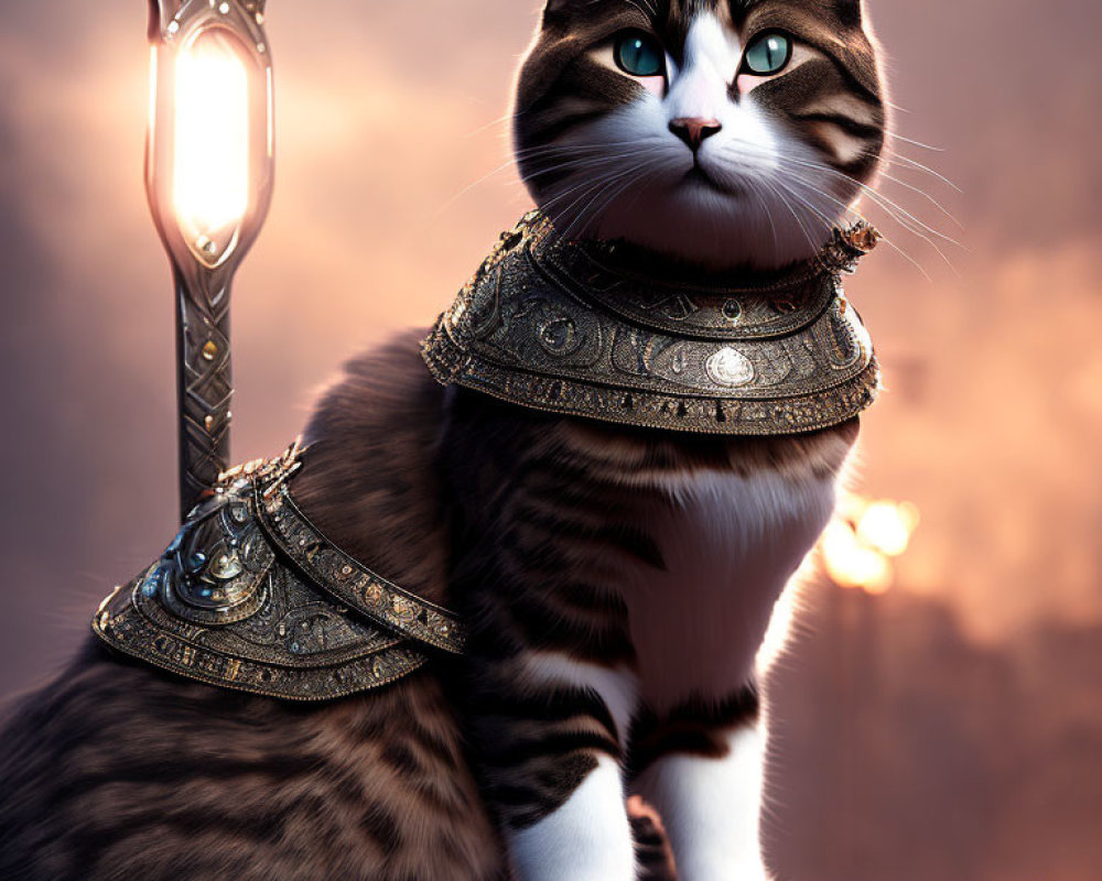 Majestic tabby cat in golden armor with glowing staff at sunset